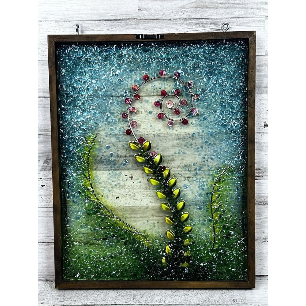 Original Mixed Media Wall Art Resin Buttons Glad Beads Floral Vine 3D 12x15